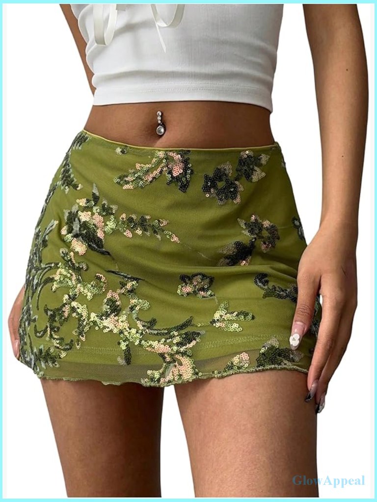 Sequin Mini Skirt With Embroidery And Zipper Closure